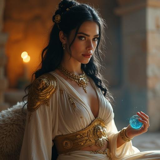 Powerful sorceress and goddess of love and war Ishtar retired in quiet chamber. Jet black hair in braided updo with golden ornaments. Semi-transparent robe in muted tones embroidered with lions and stars. Porcelain skin glowing; elegant and serene. She holds glowing blue staff as symbol of harmony. Seated calmly in ancient ruins with candlelight illuminating soft features.