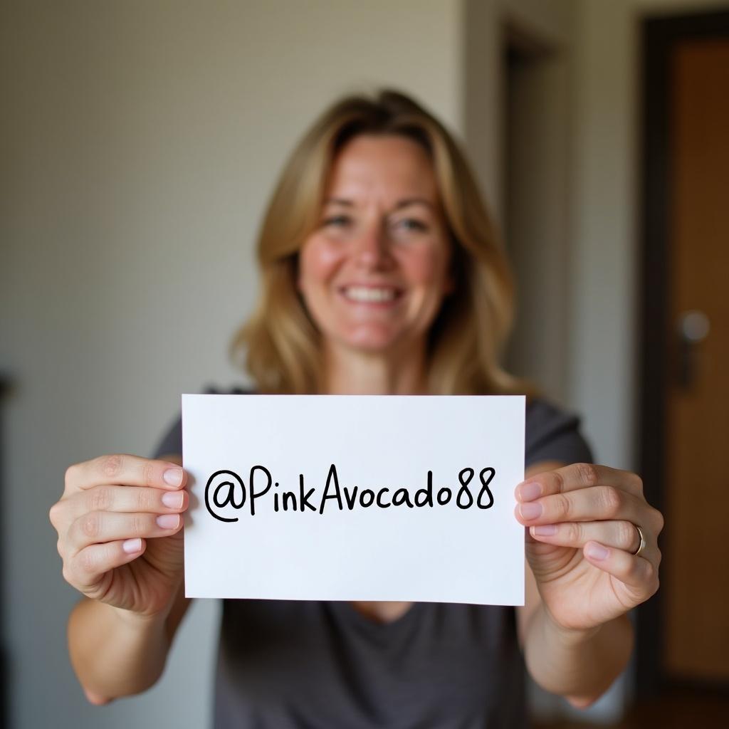 Middle-aged woman holds a paper with written message without showing her face. Selfie perspective highlights hands and paper.