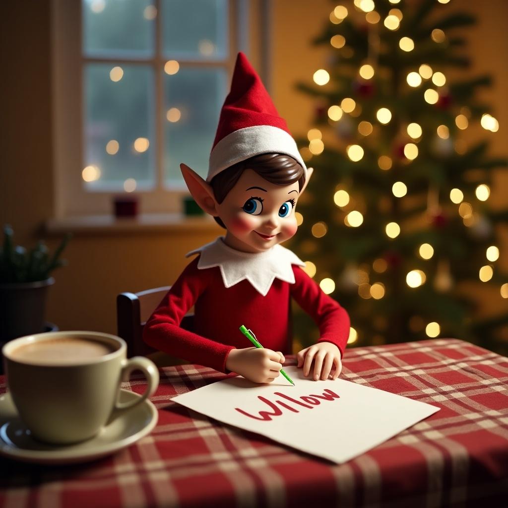 Elf character seated at a table writing the name Willow on a piece of paper. Christmas tree decorated in the background. Hot cocoa cup nearby on the table. Cozy setting for the holiday season.