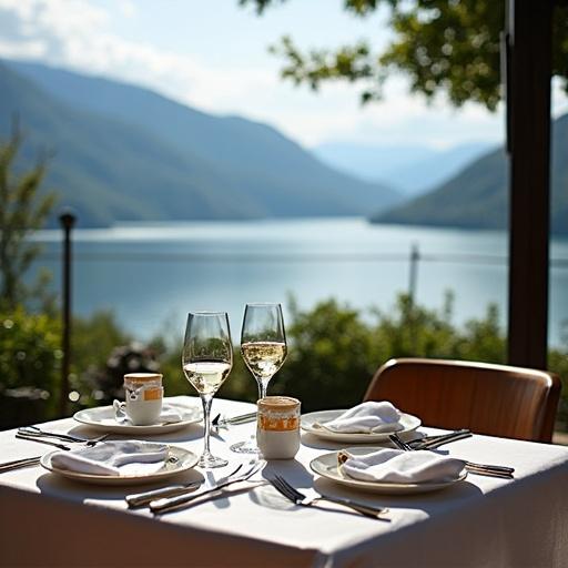 Lunch on a private terrace overlooking Lake Como. The table is elegantly set with glasses and dishes, with natural scenery in the background.