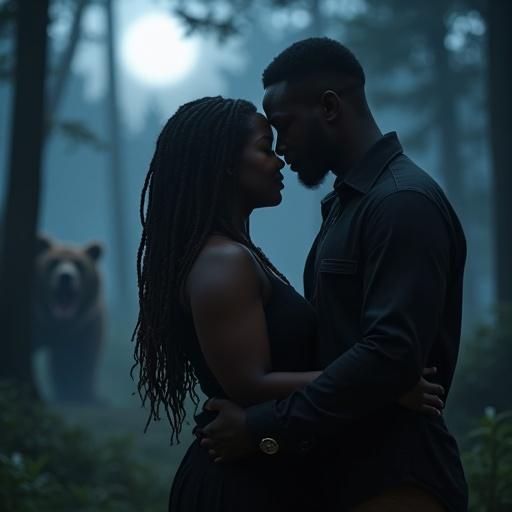A 4k photograph for romance supernatural novel cover. A beautiful plus-size African American woman with long braids and warm smile. Standing close to a handsome African American man with gentle expression. Embraced amidst dense moonlit forest. Their faces illuminated by ethereal glow. Blurred background features a large growling grizzly bear under moonlight. Scene evokes romance, mystery, and primal wilderness.