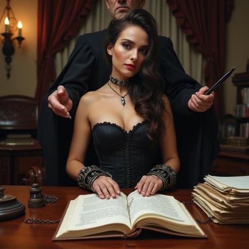 Opulent Victorian study with a woman in a corset and stockings beside a desk. Her wrists are restrained by leather cuffs attached to chains. An open book displays a contract with her signature. A domineering figure looms in the background with a quill.