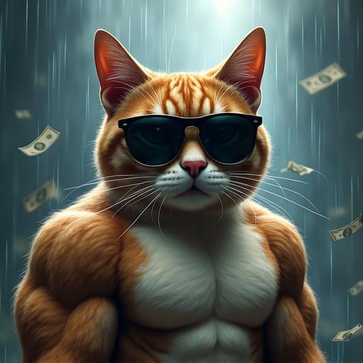 Meme coin cartoon theme featuring muscular cat with serious face wearing dark shades surrounded by raining dollar notes.