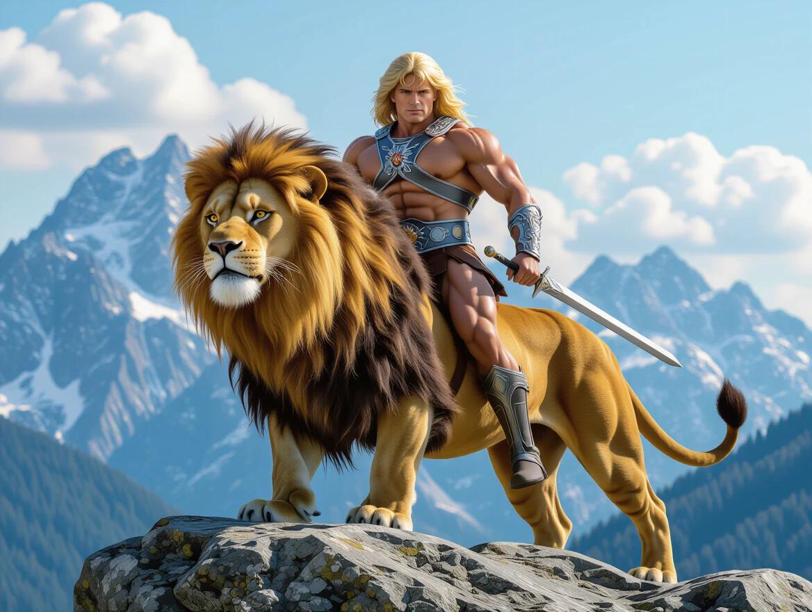He-Man as a heroic figure on a lion posing on a rocky mountain top