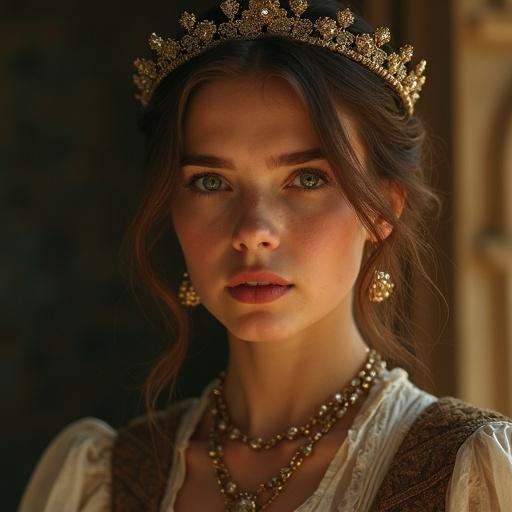 Portrait of a woman in 17th-century attire. Natural dramatic lighting creates a cinematic effect. Realistic artistic style. Influenced by Ryan McGinley's work.