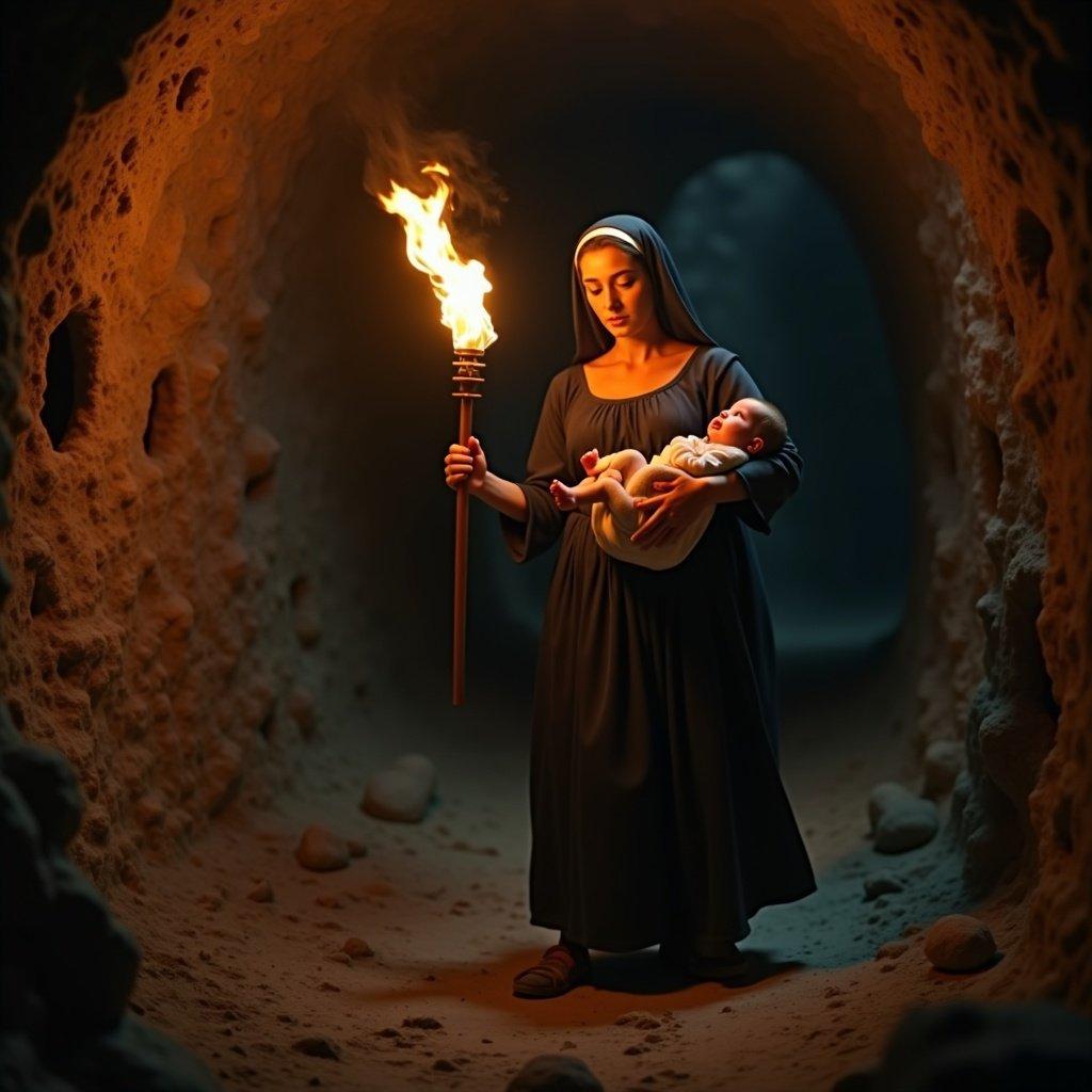 Female Amish woman in a cave. Holds flaming torch in one hand. Free arm cradles a fussy newborn baby. Shadows and warm light create a dramatic effect.