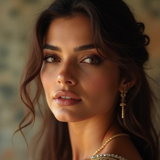 Create a realistic image of a beautiful young woman with striking features and elegant jewelry. Capture the essence of beauty with soft lighting.