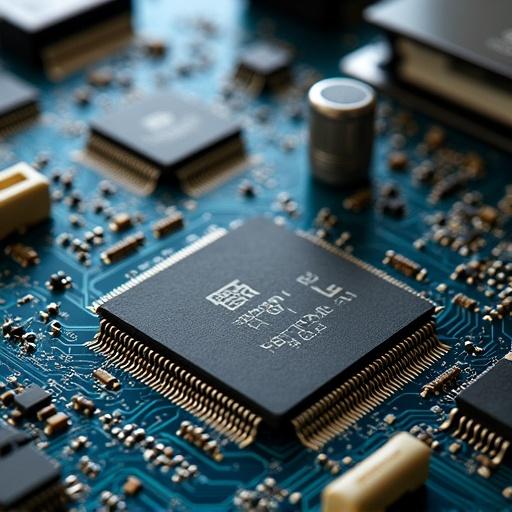 Detailed view of a mobile phone motherboard showcasing various electronic components arranged on a blue circuit board