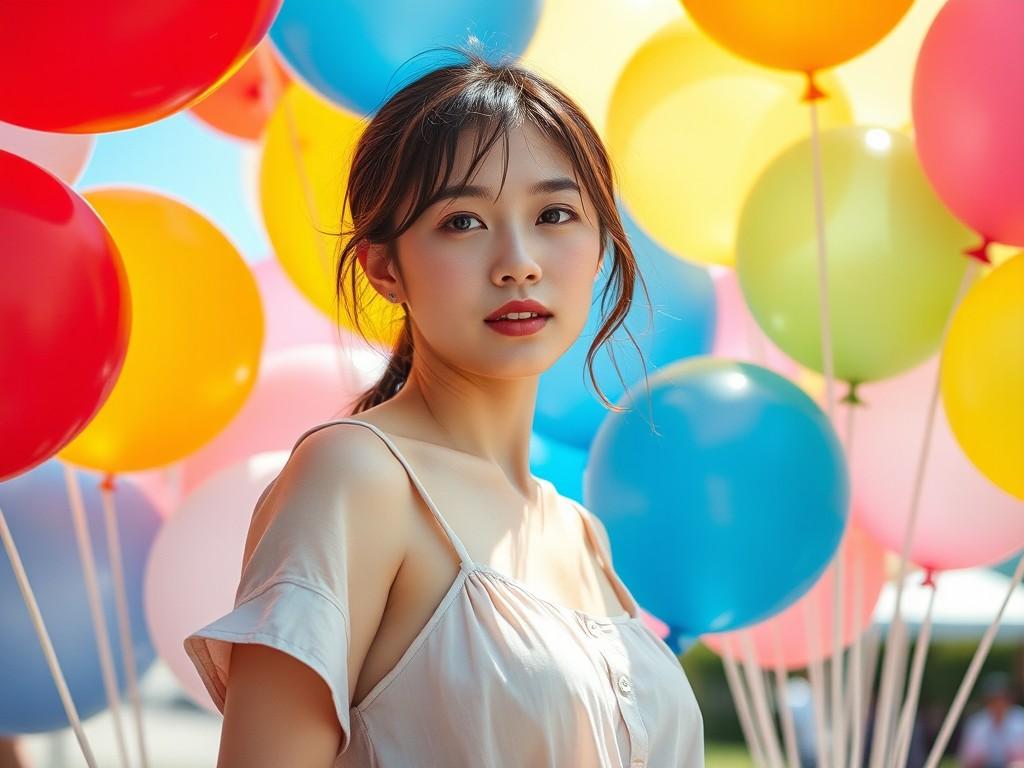 A young woman stands surrounded by a vibrant array of colorful balloons.