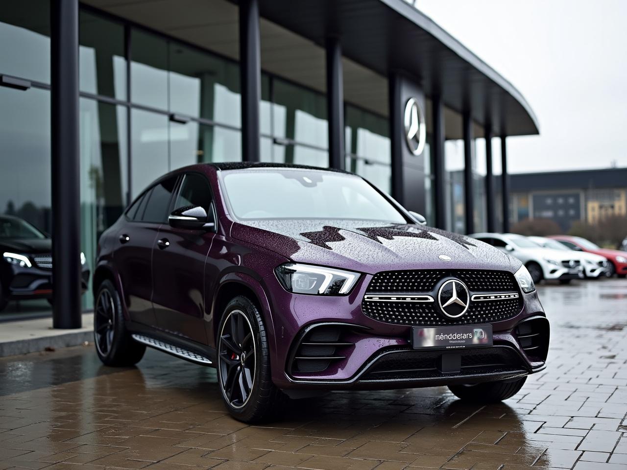 The car is a sleek, luxurious Mercedes G-Class, standing confidently in front of a modern Mercedes dealership building. The building is architecturally elegant, showcasing large glass windows and the iconic Mercedes logo prominently displayed. It is a cloudy day, and the car's deep purple color glistens slightly thanks to droplets of rain on its surface. The dealership has several other Mercedes models visible in the background, giving a sense of an upscale automotive environment. The ground is made of stylish paving stones, completing the refined look of the scene.