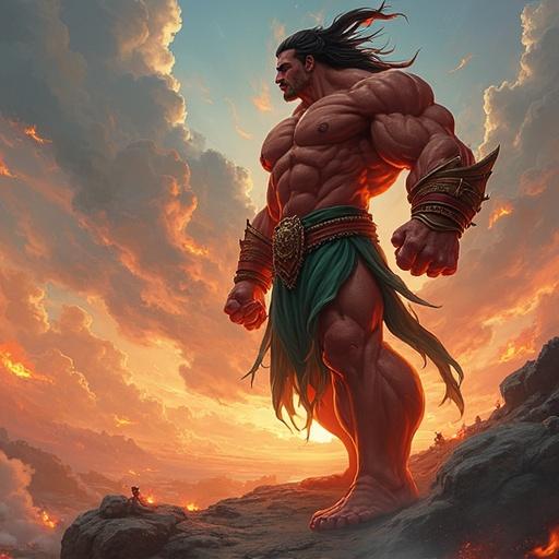 Muscular warrior standing on a rocky cliff. Bright sunset sky with clouds. Powerful arms and determined expression. Flowing garment and detailed armor.