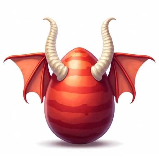 Vibrant red dragon egg with long white horns and wings. Sharp, angled stripes embellish the surface. Designed as an icon or asset for ARPG. Features a transparent background for versatile use.
