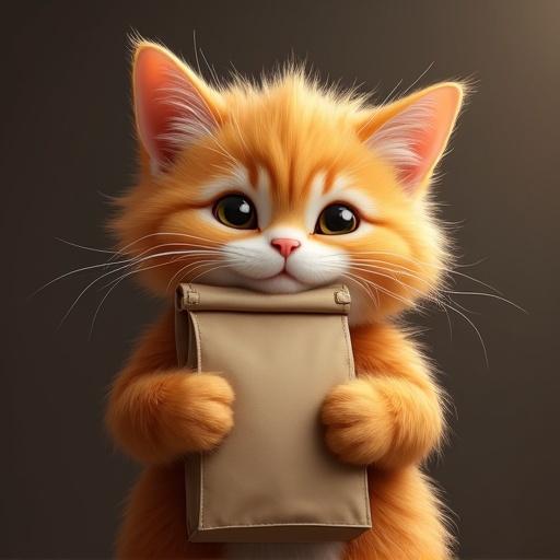 A cute cat with fluffy orange fur holding a bag of coffee. Cat looks happy and is hugging the bag.