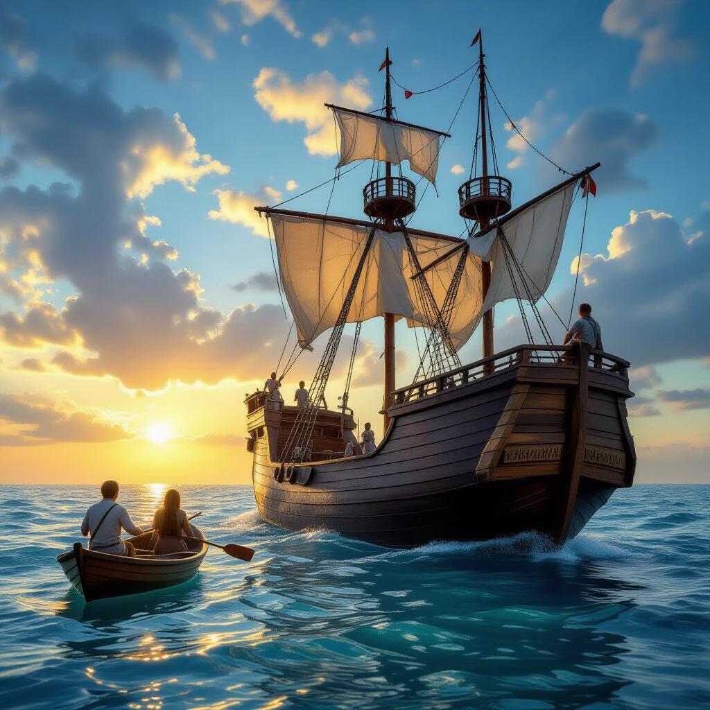 A large sailing ship with white sails is on a calm ocean during sunset. Smaller boat with people is in the foreground. The sky is filled with clouds. A sense of adventure and exploration is present. Hyper-realistic and in high definition.