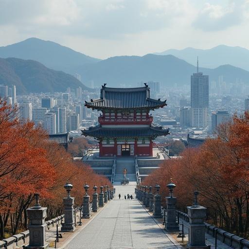 Scenic view of traditional Korean architecture with a modern city backdrop and autumn trees in South Korea.