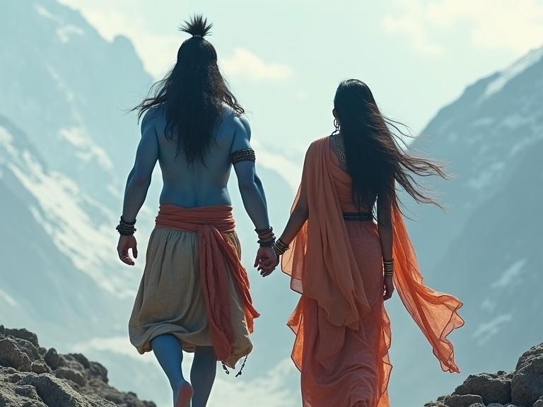 A serene scene of Lord Shiva and Mata Parvati walking together. The couple, depicted in traditional attire, holds hands while surrounded by the majestic mountains of Kailash Parvat.