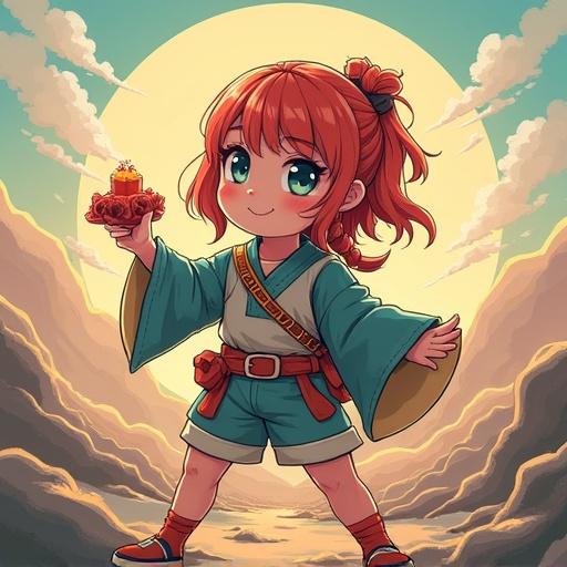 A chibi-style character holding a dessert with a playful demeanor