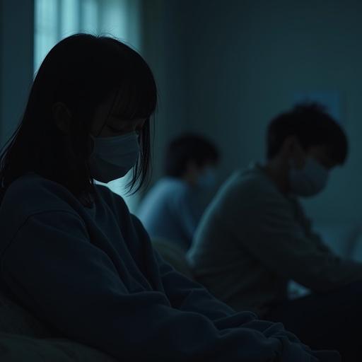 Several blurred shadows appear in darkness. Close-up of people with anxious expressions. Setting could be a living room, hospital, or personal rooms. They might be nodding off or deep in thought.