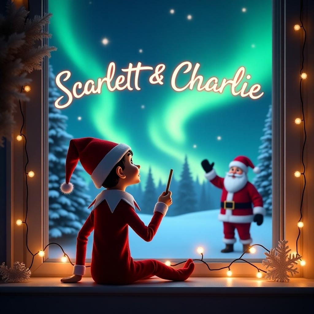 Elf sitting on window sill gazing at night sky. Elf writes names in sky. Magical Christmas landscape with northern lights. Santa waving in distance. Scene decorated with lights and snowflakes. Essence of holiday cheer captured.