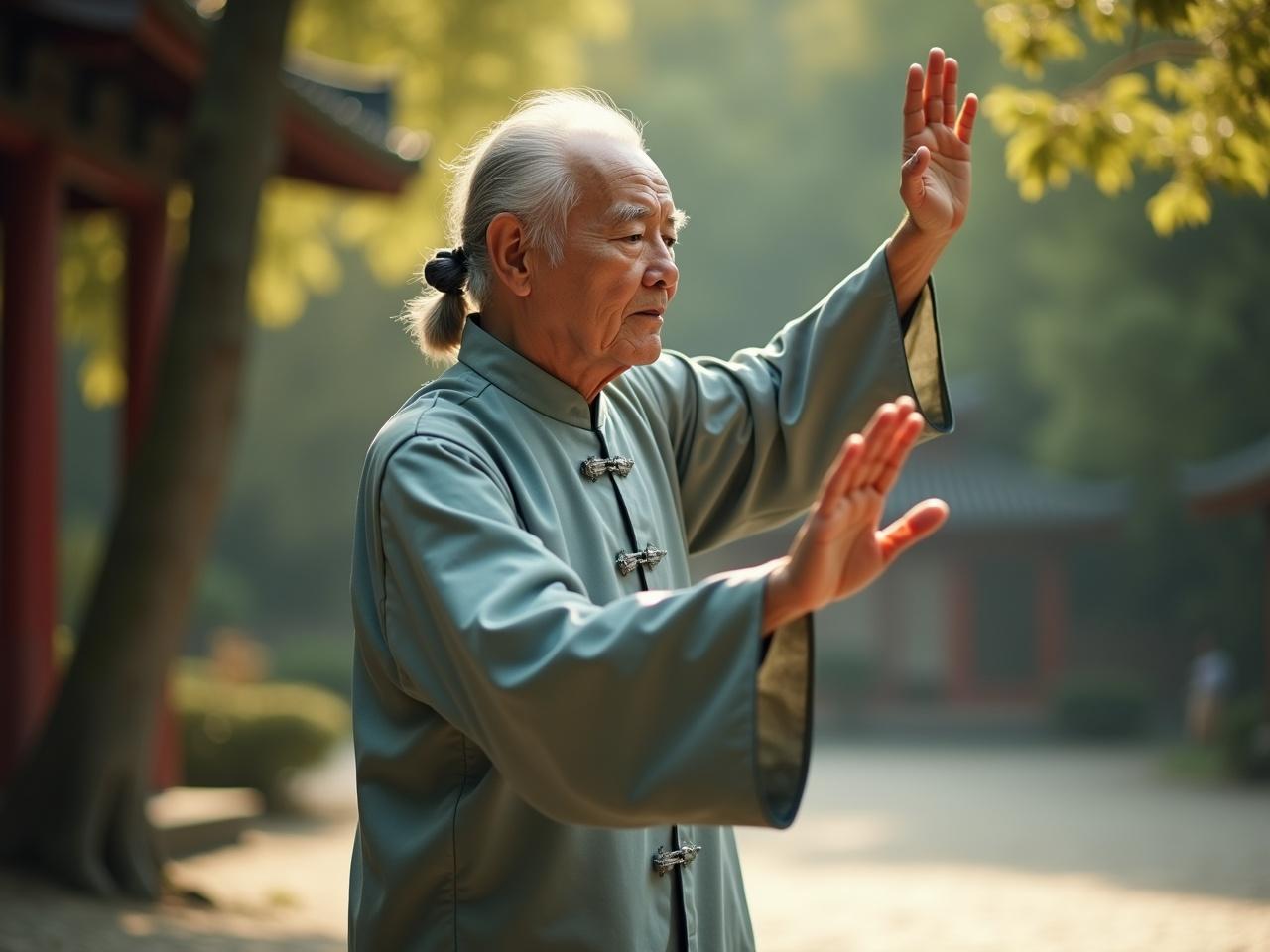 Cinematic image featuring an elderly practitioner demonstrating improved balance and flexibility through Tai Chi Chuan. The scene highlights the health benefits of regular practice. The perspective is an aerial view, capturing the graceful movements and serene environment. The visual style is hyper-realistic, showcasing the details of the practitioner’s form and attire. It is filmed on an Arriflex camera, enhancing the overall quality and depth of the image.