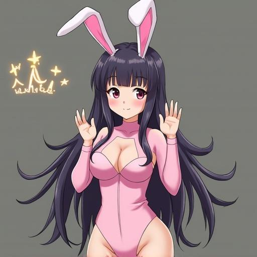 Bunny girl character in a skin-tight pink outfit with bunny ears. Character has long black hair and is waving.