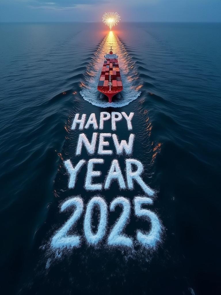 Container ship sails on deep blue sea. Camera follows from above. Wake creates foam letters. Letters spell out 'HAPPY NEW YEAR 2025'. Message dissolves into ocean. Ship moves toward horizon with fireworks in sky. Signifying hope and new beginnings.