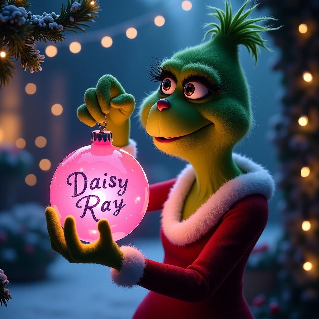 A serene night garden scene. Grinch holds a glowing pink Christmas bauble. Bauble shows Daisy-Ray in elegant purple glitter script. Twinkling lights enhance the magical ambiance.