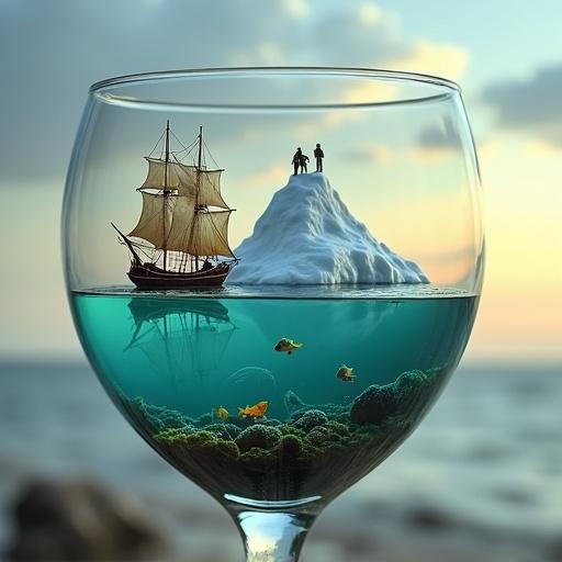 A large wine glass contains a miniature world. The bottom has water with a sandy seabed, rocks, colorful fish, and light rays. A three-masted ship floats near a small iceberg with tiny figures. The sky is either dawn or dusk with soft clouds and a rainbow, seen through the glass. It creates a poetic and imaginative contrast between the everyday glass and the fantastic world inside it.
