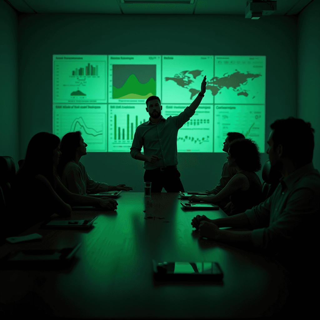 A group of professionals engage in a strategy meeting with data charts projected on the wall.