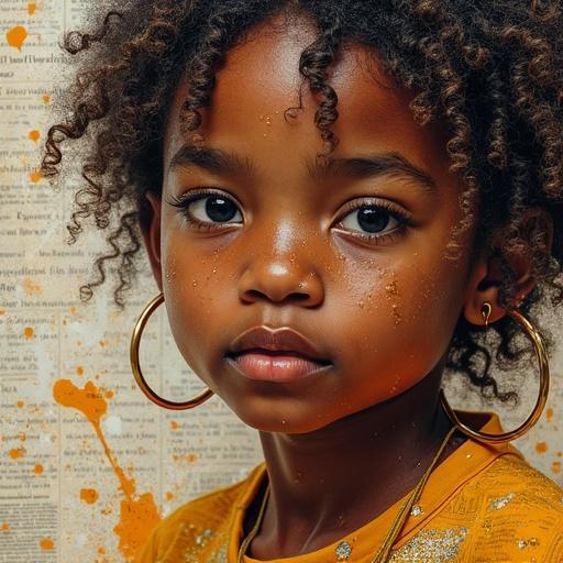 Digital art depicting a close-up of a girl with mixed heritage. The image includes collaged elements like newspaper and jute. Various textures like wood and glittering confetti are present. Artistic effects such as scratches and drops enhance the visual appeal.