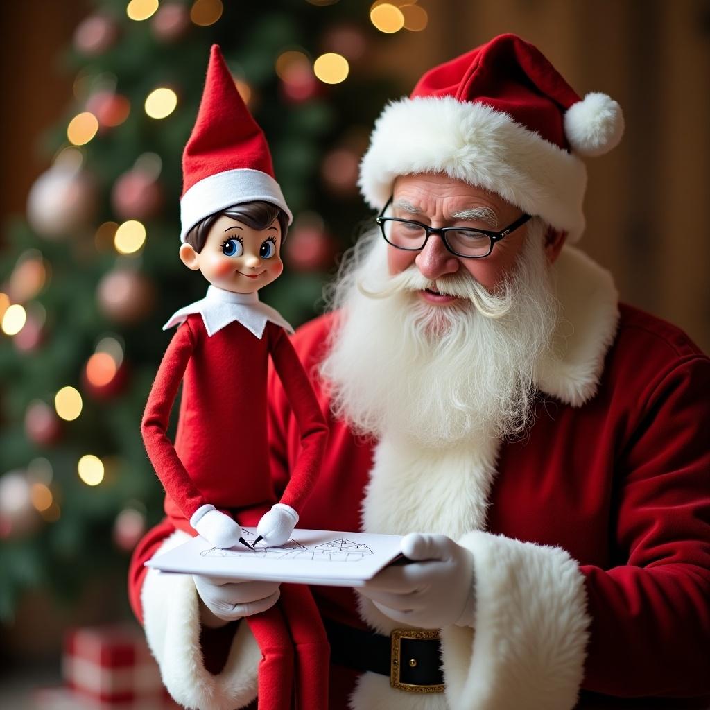 Elf on the shelf with Santa. Holding a drawing. Warm festive atmosphere. Joyful interaction between Santa and the elf.