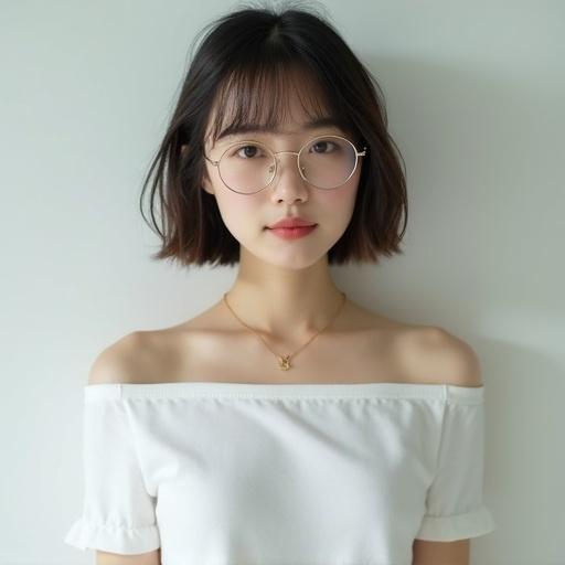 Young Japanese woman poses in an off-shoulder t-shirt. She wears round glasses with silver frames. Background features seven colors.