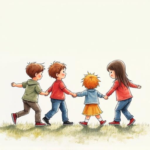 Children's drawing depicting kids playing together while holding hands. Four kids arranged in a line, each standout in their unique style. The scene conveys joy and togetherness on a grassy area.
