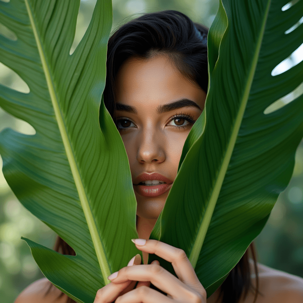 A woman peeks through large green leaves, revealing only her eyes and forehead.