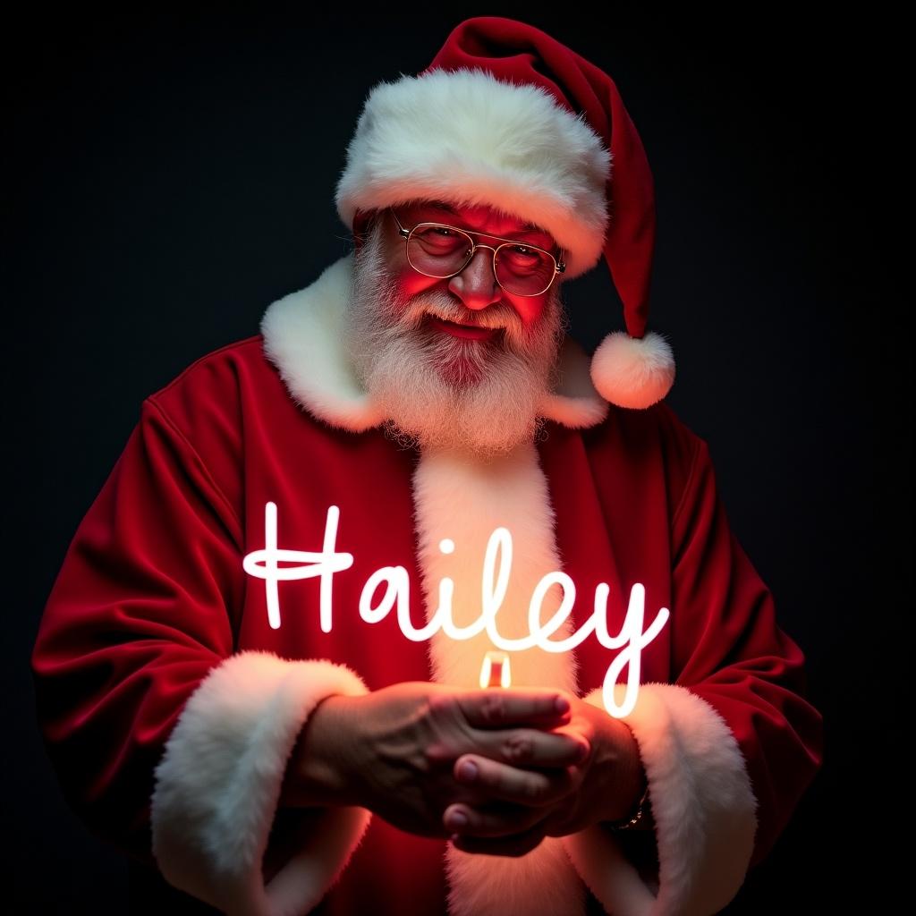 This image features Santa Claus wearing his traditional red and white suit. He is holding a glow stick that forms the name 'Hailey' in bright light. Santa's expression is jolly, exuding warmth and holiday cheer. The background is dark, enhancing the glow of the text. This festive scene captures the magic of Christmas and the joy of the season.