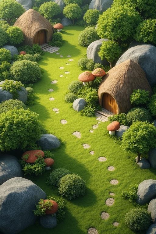 Top-down view of a grass landscape. Scene features small bushes rocks and round houses with mushroom roofs. Soft realistic lighting enhances the texture rich semi-realistic style.