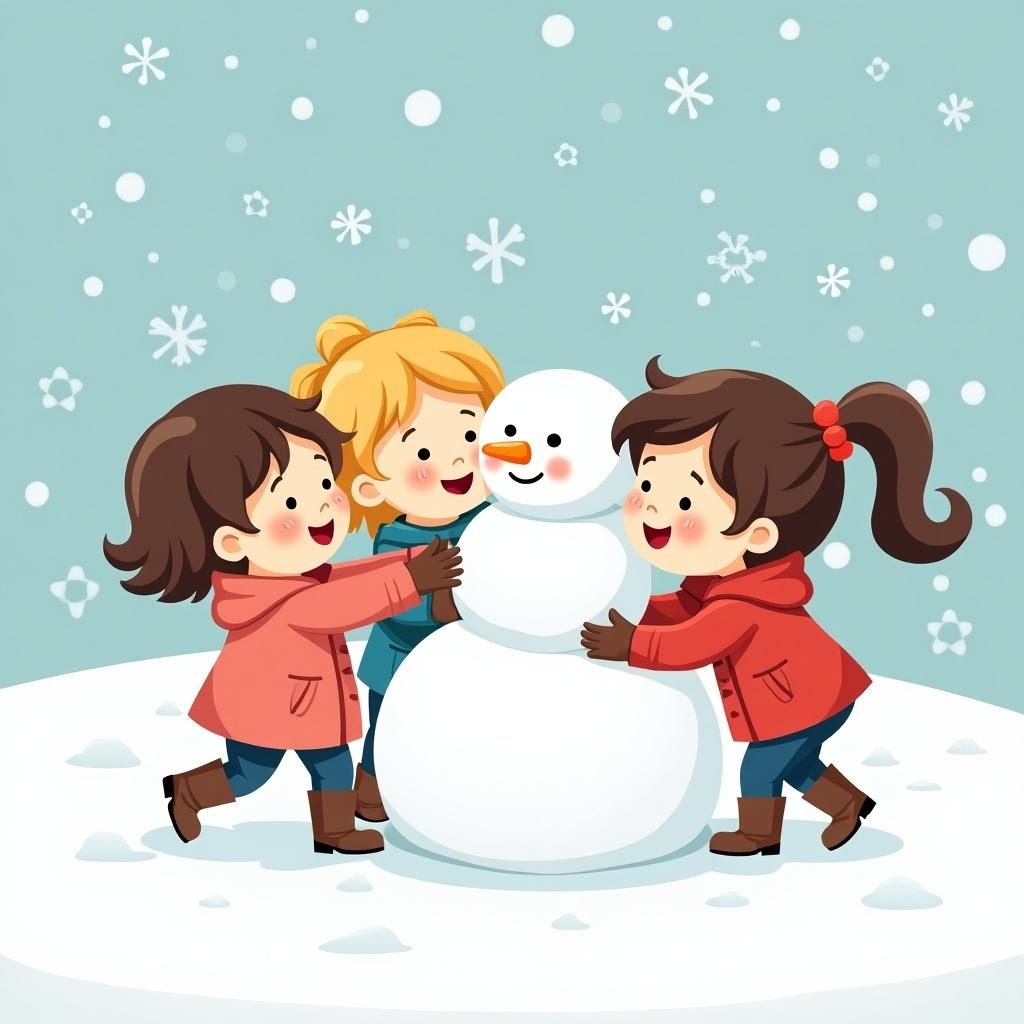 Three children, one with brown hair, one with blonde hair, and another with brown hair, are playing with a snowman in a snowy landscape. They are smiling and dressed in winter coats.