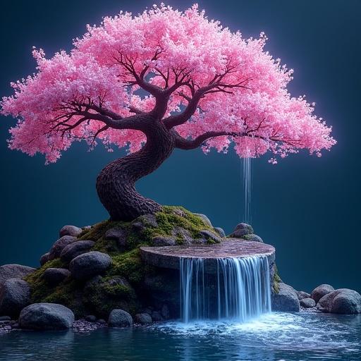 Cherry blossom bonsai tree with bioluminescent waterfalls splashing down the trunk in a Japanese garden at night.