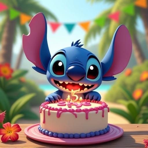 Stitch character smiles by a birthday cake. Cake has "Skye 5" written on it. Tropical park scene features colorful flowers and flags.