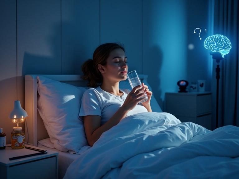 A woman sits in bed at night. She drinks cool water. A fan blows nearby. She adjusts breathable bedding. A journal and pen rest on the nightstand. There is a small bottle of supplements with a question mark. A brain emits calm waves in the background. A doctor-patient silhouette suggests professional help. The mood is peaceful while acknowledging challenges. The style has soft realism and gentle lighting.