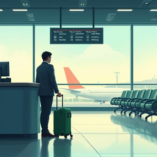 A passenger stands at the airport service counter holding green hand luggage. Daytime light fills the terminal. Schedule screens show flight information. A calm atmosphere prevails in this animated, realistic scene.