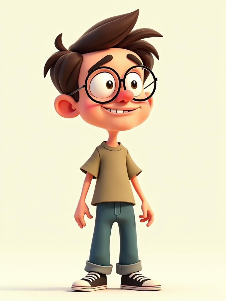 Cartoon character styled like Lolek and Bolek designed for animation, 30-year-old man with funny appearance, round face, big eyes, crooked smile, messy hair, wearing oversized glasses, slouched posture, casual clothes, T-pose for rigging, simple facial expressions of happiness, sadness, surprise, and anger, clean colors, retro aesthetic, suitable for 2D animation.