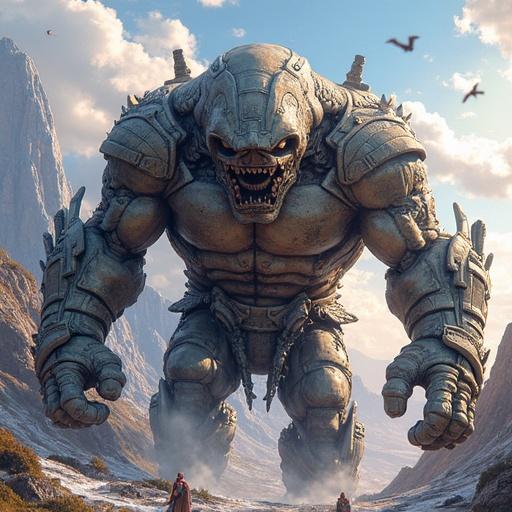 A giant fantasy monster standing in a dramatic landscape with mountains and valleys. The scene captures the imposing presence of the creature against a backdrop of rugged nature.
