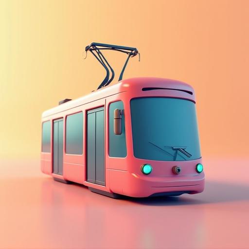 3D visual of a tram in glass style against a solid color background. The background is simple and uses a gradient of colors.