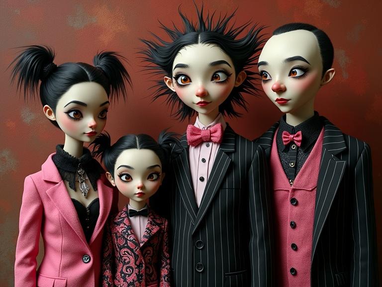 A surreal whimsical portrait of a vampire family. Characters dressed in eccentric clothing featuring shades of pink and black with intricate patterns. Elements include pin-striped suits and paisley designs. Background contains brown and red tones reflecting lyrical abstraction reminiscent of Harlem Renaissance. Highly detailed style inspired by artists like Kandinsky, Studio Ghibli, and Gustav Klimt.