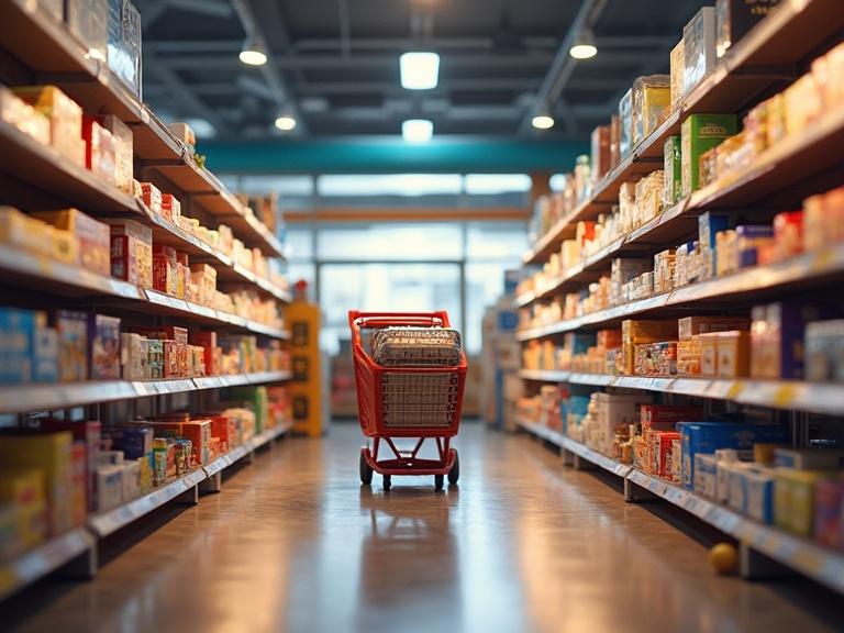 A virtual supermarket scene with a red shopping cart in the center of a brightly lit grocery aisle filled with various products on shelves.