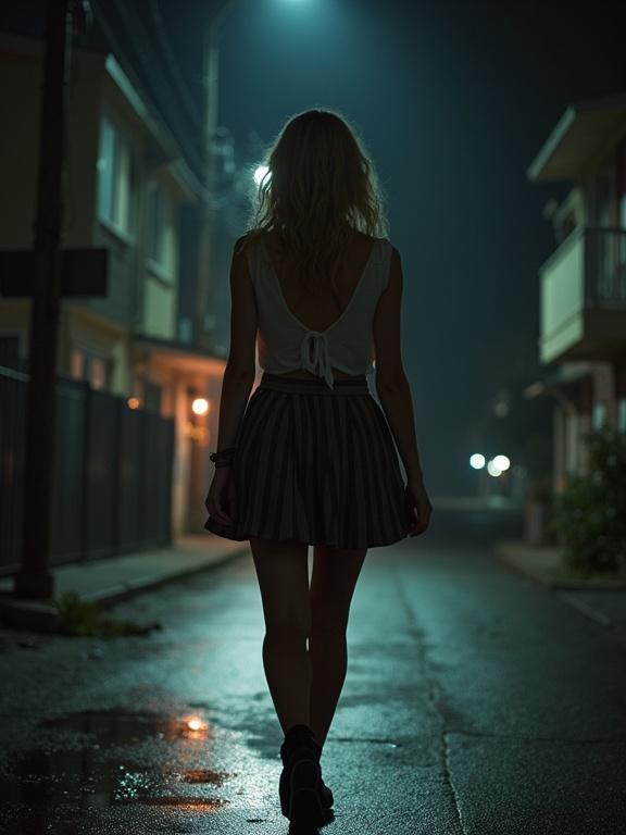 Silhouette of blonde woman walking alone at night in a street. She wears a mini pleated skirt. Street lights illuminate the dark neighborhood. Focus on her back and the empty road ahead.