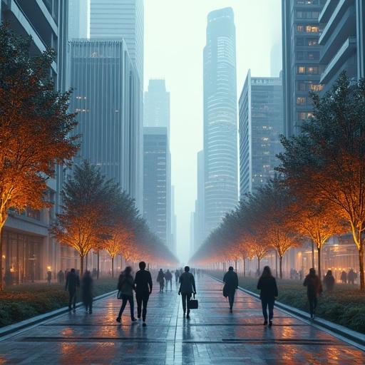 Futuristic cityscape. People walk along a tree-lined street. Skyscrapers rise in the background. Soft lighting creates a serene atmosphere. Urban activity during dusk.