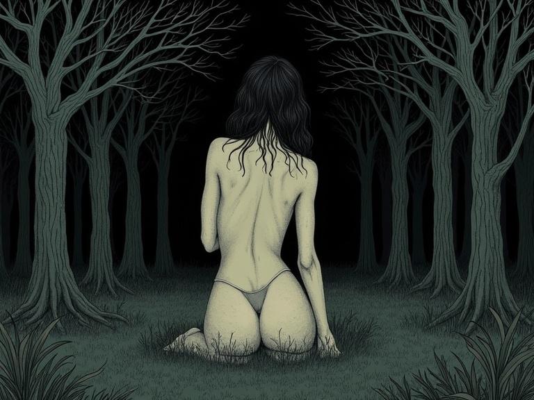 Depiction of a naked female figure in a dark forest. The setting is illuminated by a large moon. The figure is mysterious and has flowing dark hair and a gothic dress. The scene is styled like a storybook illustration from a dark fairy tale.