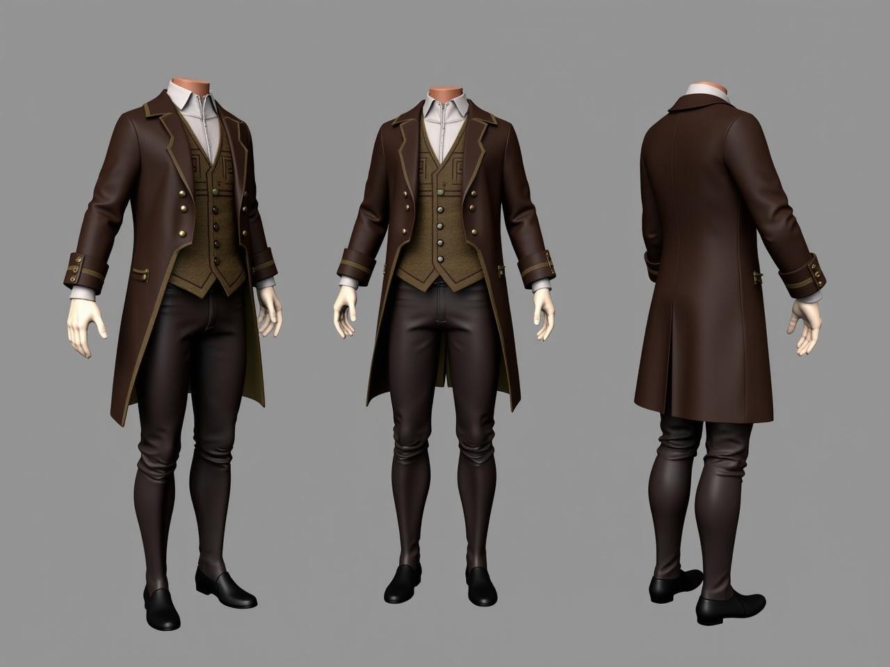 The image shows a 3D model of a stylized outfit displayed in a digital environment. The outfit consists of a waistcoat, a long coat, and fitted trousers. The design features intricate details, showcasing textures and fabric patterns that resemble historical clothing. The model is presented without a head, focusing solely on the attire. It has a color palette of browns and dark tones, giving it a vintage appearance. The background is simple and gray, emphasizing the clothing item being rendered.